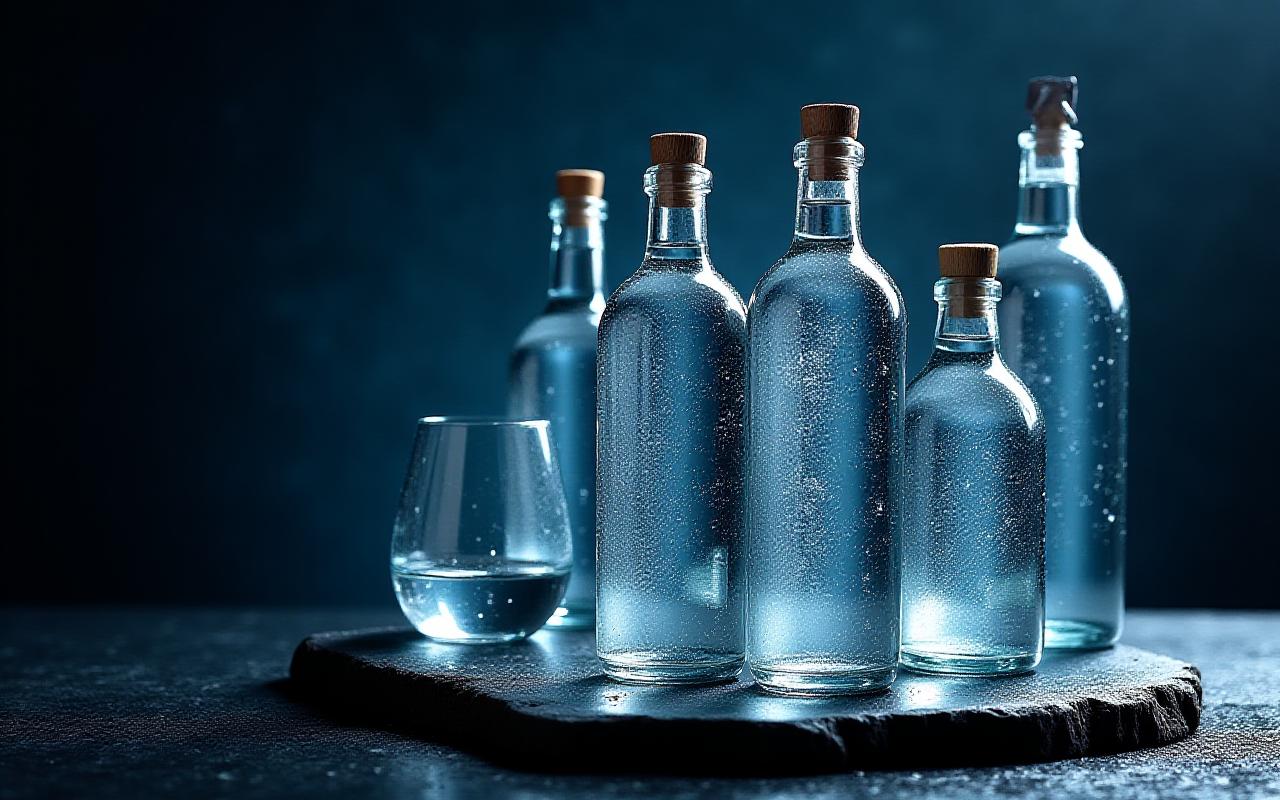 Selezione di bottiglie d'acqua minerale trasparenti su una superficie di ardesia